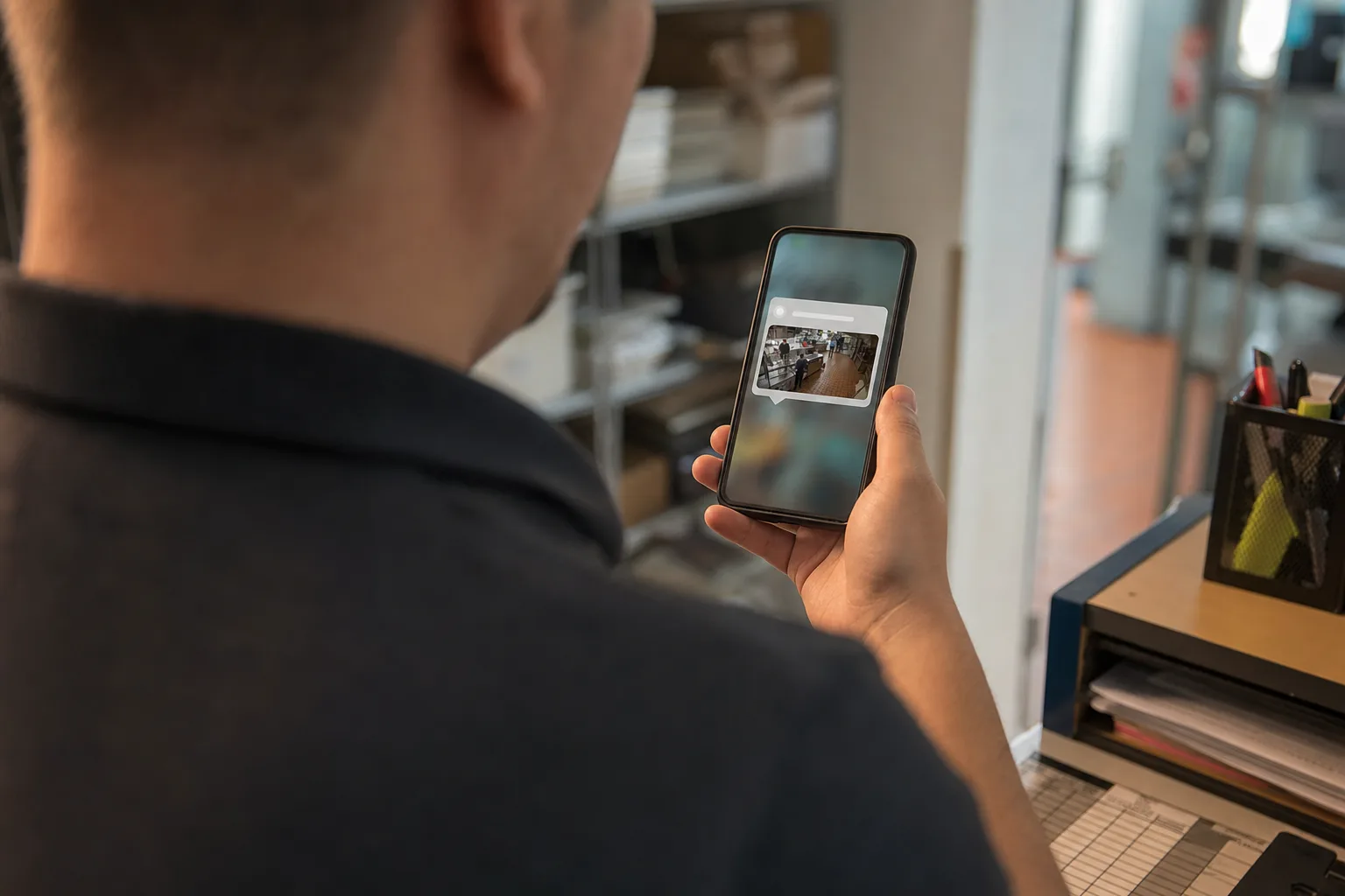 Managerul unui restaurant verifică o alertă pe telefon